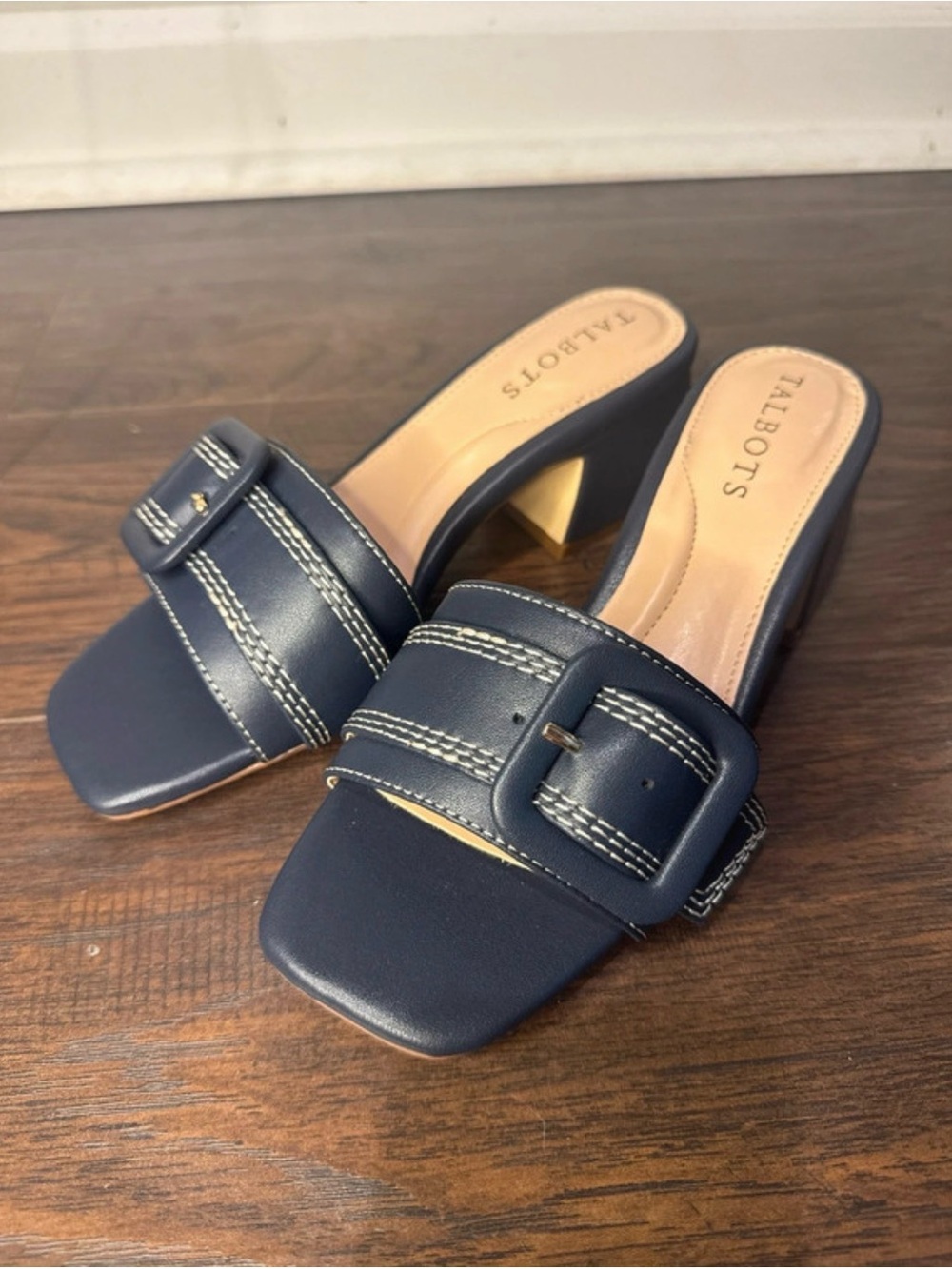 Talbots Navy Buckle Slide Mules